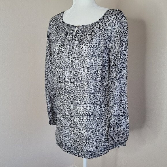 Tory Burch Stretch Silk Keyhole Neck Blue Metallic Long Sleeve Blouse Size 4 - Picture 3 of 12